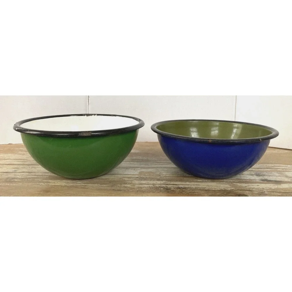 Vintage enameled enamelware bowls blue green olive Made in Poland stamp